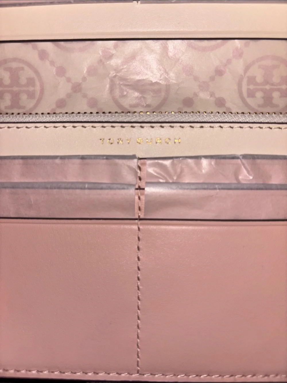 Tory Burch Pink & Cream Logo-Print Leather Card Holder with Tan Snap